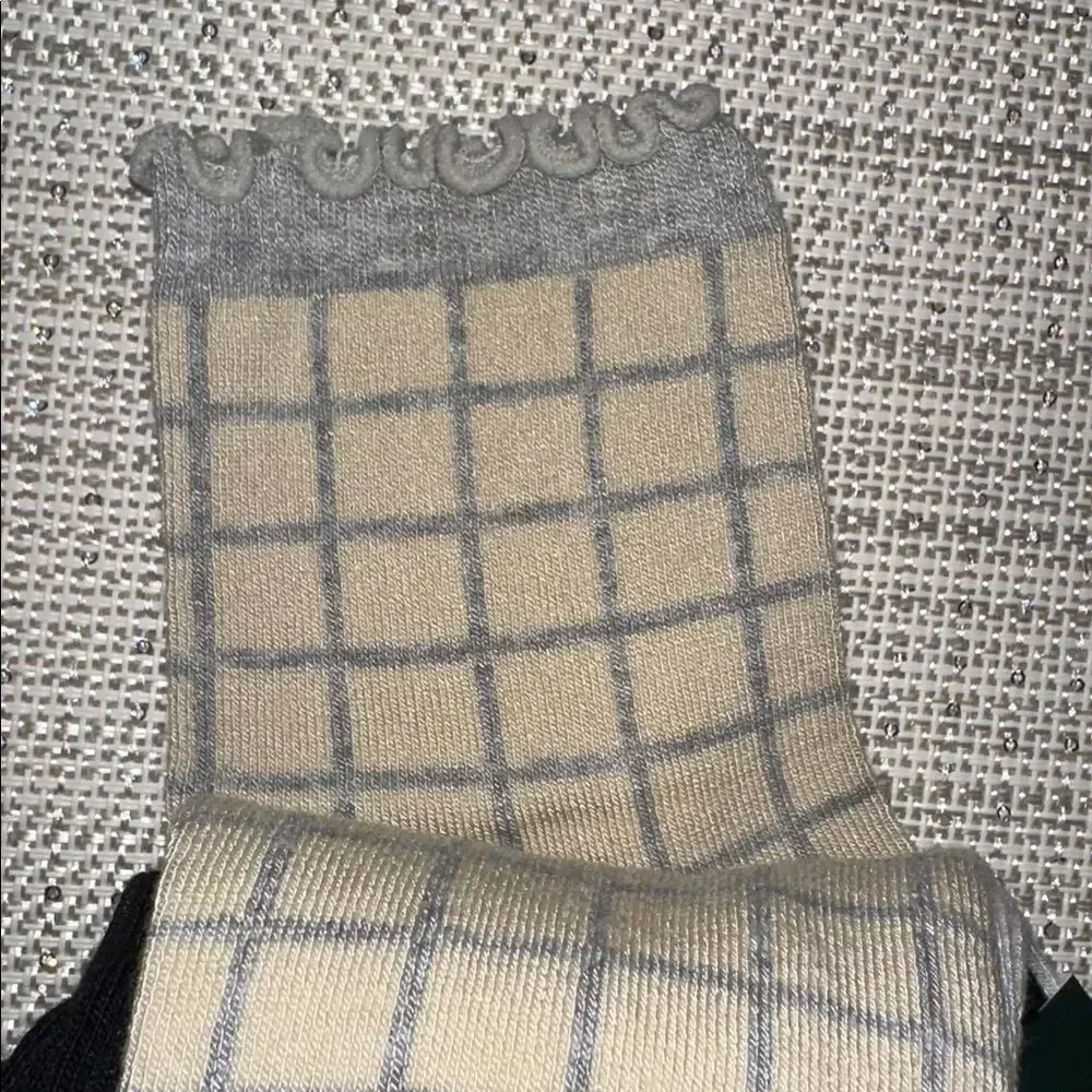 Ted Baker Gray Beige Plaid Black White Dress Crew Cut Bamboo Blend Socks 3 pack